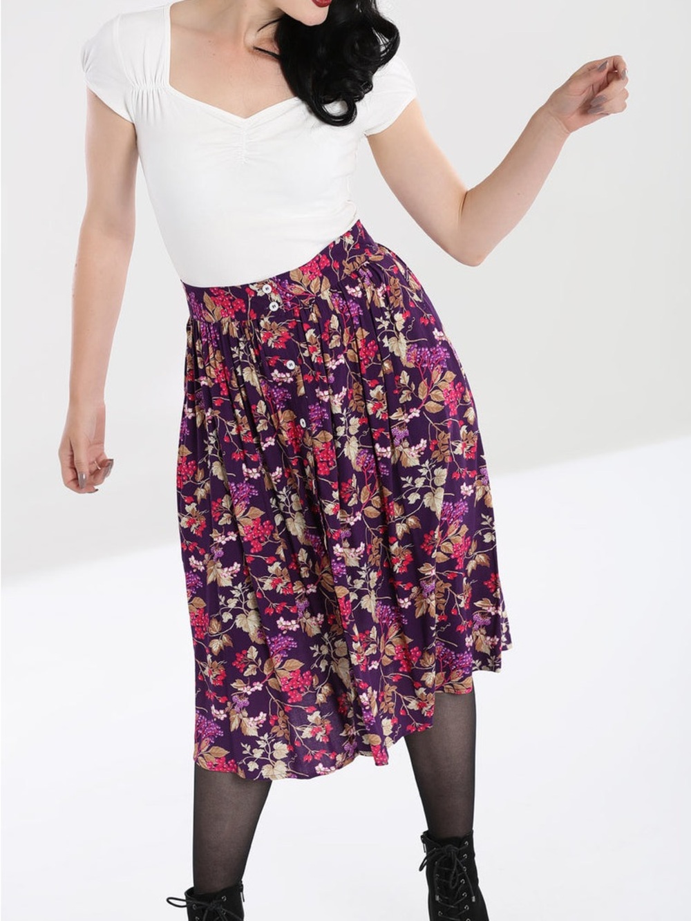 Hell Bunny Retro Style, Bold “Berry Crush” Floral Button-Front Skater Skirt - Picture 5 of 6